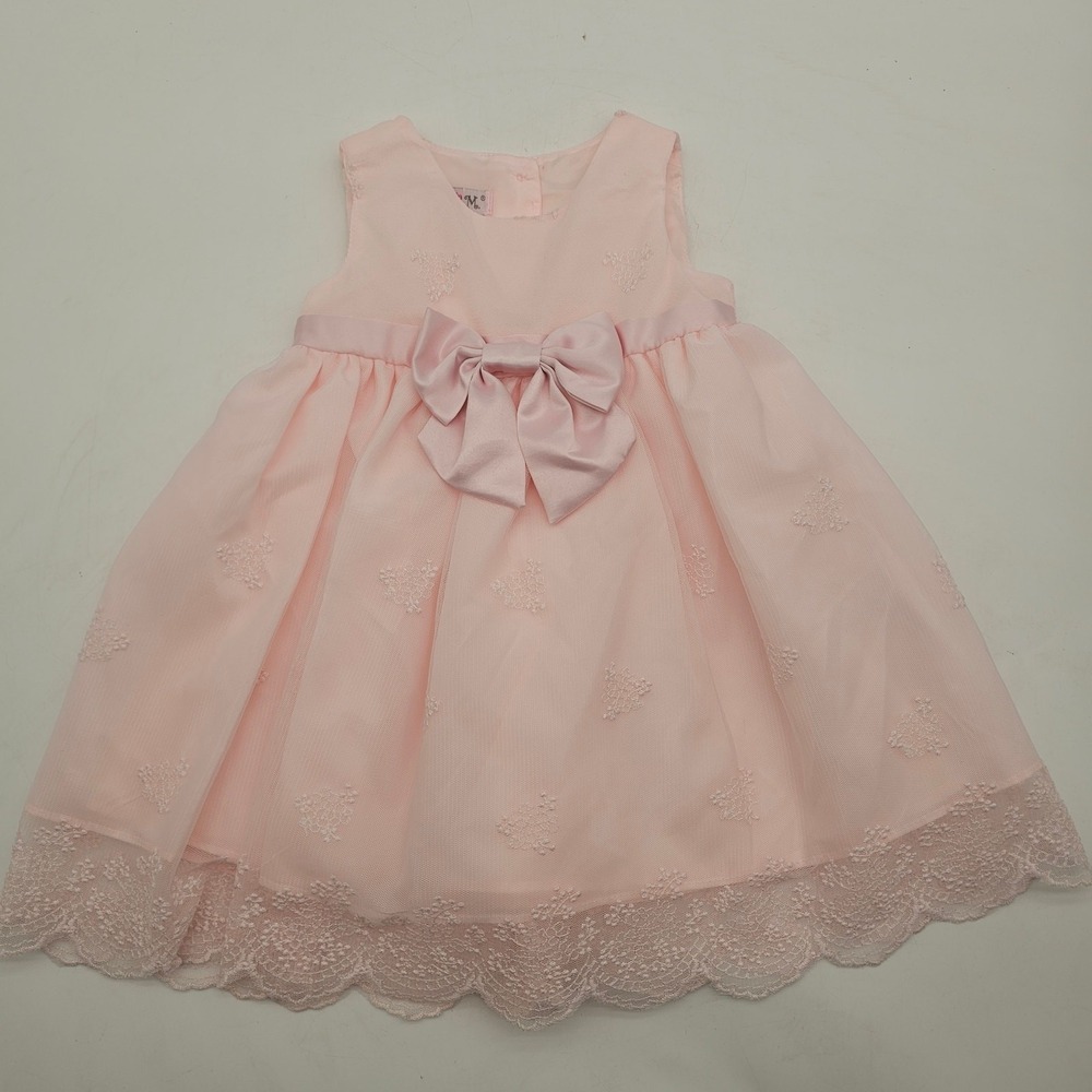Katie M Baby Girl Pink Lace Dress with Pink bow Sz 6/9